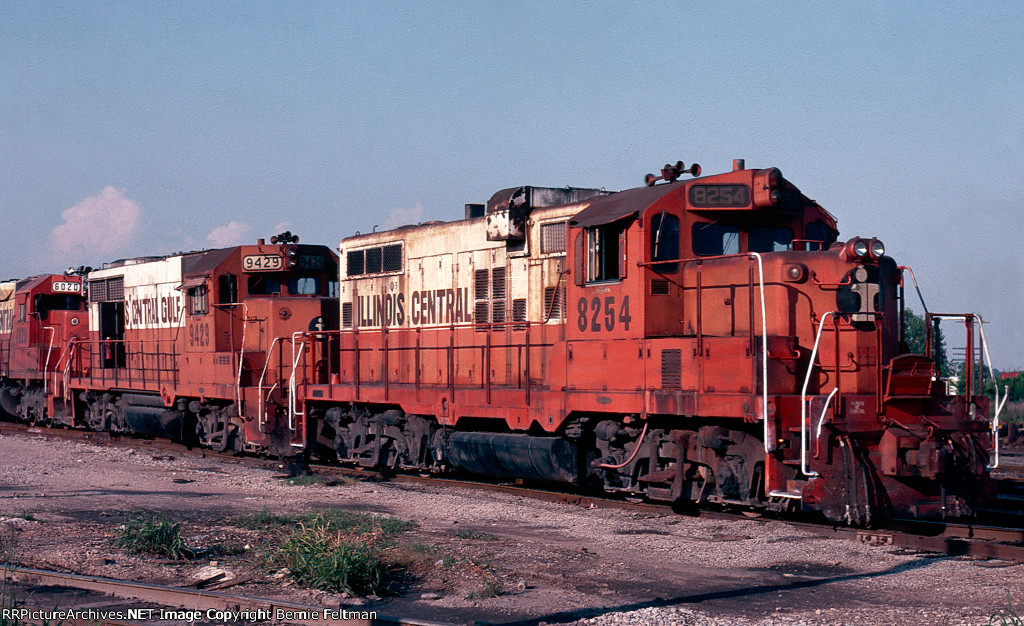 Illinois Central Gulf GP10 #8254, GP28 #9429 and SD40A #6020 await